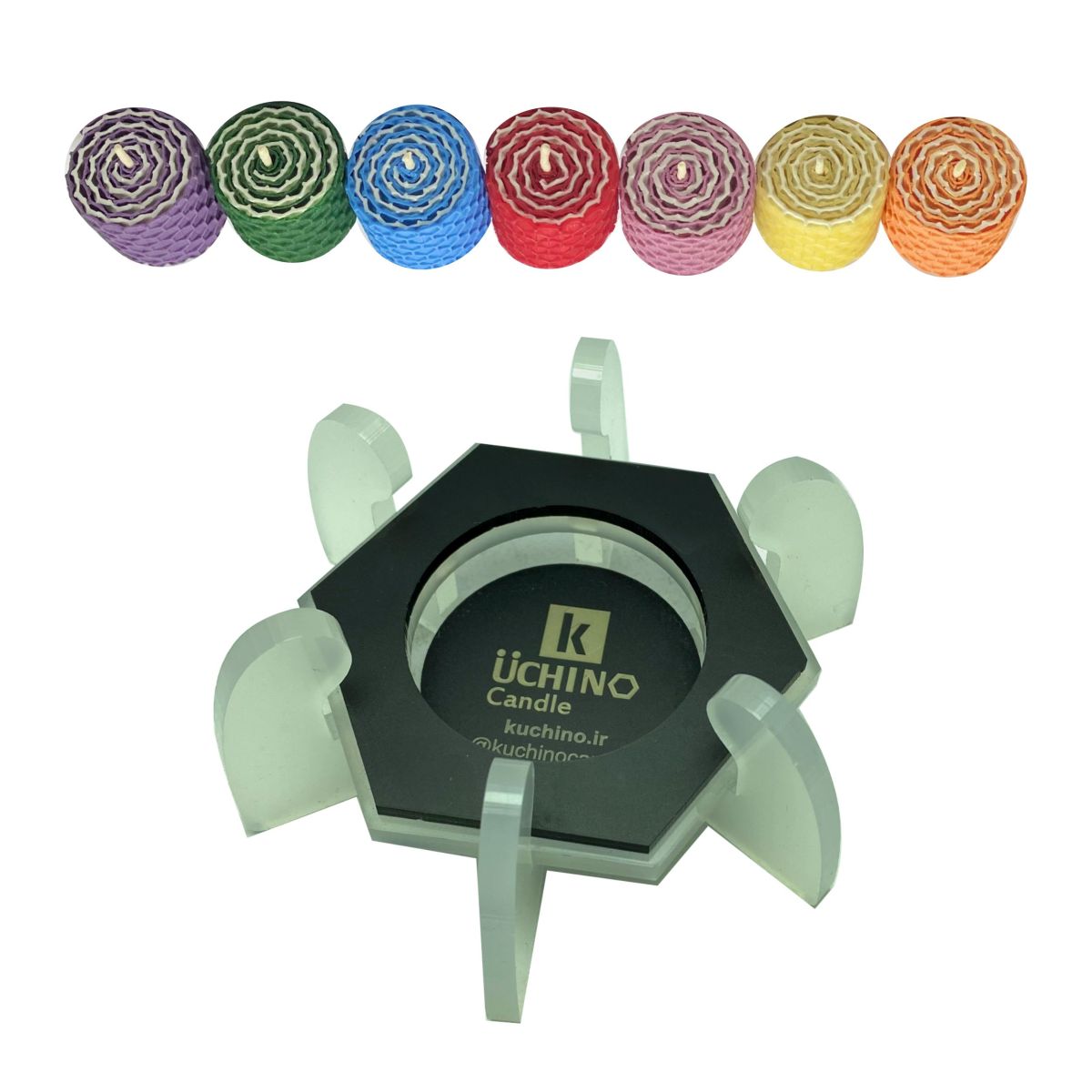 شمع موم عسل کوچینو رولتی کد M3030-7 (مجموعه 7 عددی) با جا شمعی مخصوص